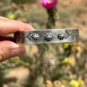 Artisan Handmade Chunky Sterling Silver Southwestern Designed Cuff Bracelet Artisan Stamped Designed USA Boho Southwestern Jewelry.