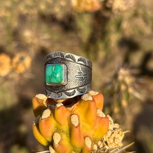 Artisan Handmade Emerald Valley Turquoise and Sterling Silver Hand Stamped Cactus Cigar Band Ring USA Boho Southwestern Jewelry.