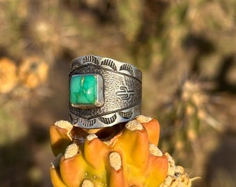 Artisan Handmade Emerald Valley Turquoise and Sterling Silver Hand Stamped Cactus Cigar Band Ring USA Boho Southwestern Jewelry.