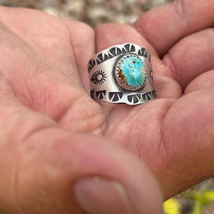 Artisan Handmade Natural Boulder Stone Mountain Turquoise and Sterling Silver Hand Stamped Cigar Band Ring USA Boho Southwestern Jewelry.