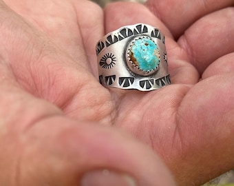 Artisan Handmade Natural Boulder Stone Mountain Turquoise and Sterling Silver Hand Stamped Cigar Band Ring USA Boho Southwestern Jewelry.