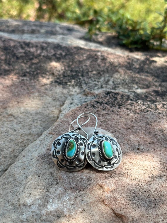 Artisan Handmade Sonoran Mountian Turquoise Concho Shield Sterling Silver Southwestern Design Dangle Earrings USA Handmade Jewelry.