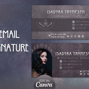 Peut inclure: Modèle de signature d'e-mail de couleur violet foncé avec un fond de ciel étoilé. Le modèle présente le portrait d'une femme, un motif stylisé de lune et d'étoiles, ainsi que le texte "ISADORA THOMPSON YOUR MAGICAL BRAND". Le modèle comprend également des coordonnées, des icônes de médias sociaux et le texte "LET'S BE SOCIAL".