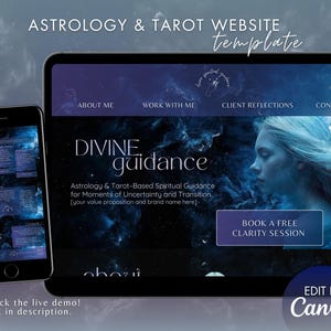 Può includere: Un modello di sito web per astrologia e tarocchi, visualizzato su un tablet e uno smartphone. Il design presenta uno schema di colori blu scuro e viola con il testo "Divine Guidance" e "Book a Free Clarity Session". L'immagine include anche il testo "Edit in Canva".