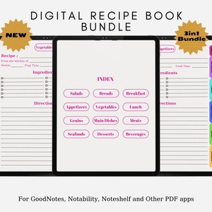 Digital Recipe Book 3in1 Bundle | Digital Recipe Book for GoodNotes, Notability, Noteshelf | Bonus Gift Printable Recipe Cards