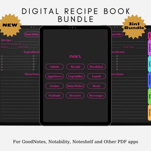 Digital Recipe Book 3in1 Bundle | Digital Recipe Book for GoodNotes, Notability, Noteshelf | Bonus Gift Printable Recipe Cards