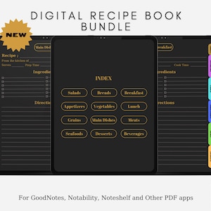 Digital Recipe Book Bundle | Digital Recipe Book for GoodNotes, Notability, Noteshelf | Bonus Gift Printable Recipe Cards