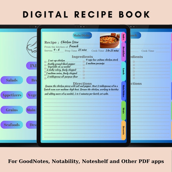 Digital Recipe Book | Digital Recipe Book for GoodNotes, Notability, Noteshelf | Bonus Gift Printable Recipe Cards | Blue Mode