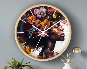 Reloj de pared floral negro moderno, Diseño floral artístico, Arte doméstico contemporáneo, Regalo para entusiastas de la música