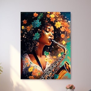 Saxophone Woman Abstract Art Afrocentric Housewarming Gift for Her Digital Wall Print Birthday