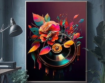 Floral Vinyl Record Art Print, Retro Home Decor