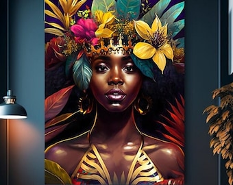 Puede incluir: Una pintura digital de una mujer negra con una corona de flores en la cabeza. Las flores son amarillas, rojas y verdes. La mujer lleva un collar de oro y tiene un fondo oscuro.
