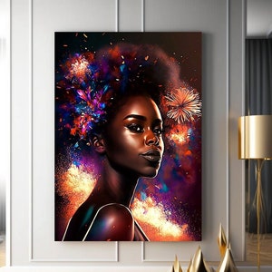 May include: A digital painting of a Black woman with an afro hairstyle adorned with colorful flowers. The background is a vibrant mix of purple, orange, and blue hues.