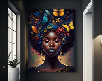 Femme noire avec des papillons de décoration murale Afro Black Art Print Art abstrait Digital Art Print Wall Art Poster