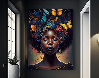 Femme noire avec des papillons de décoration murale Afro Black Art Print Art abstrait Digital Art Print Wall Art Poster