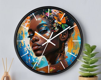 Reloj de pared con diseño floral de mujer negra, decoración contemporánea para el hogar