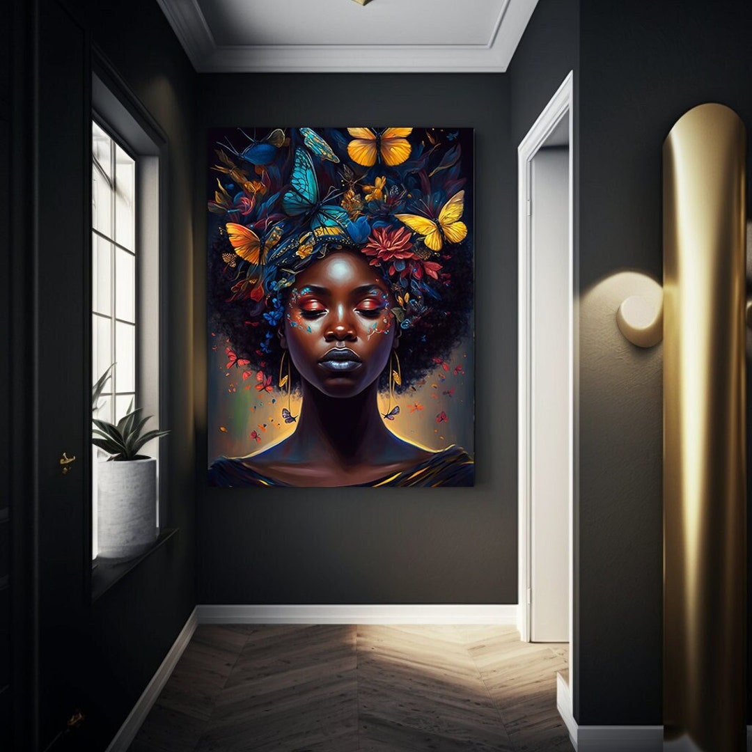 Black Woman With Afro Wall Decor Butterflies Black Art Print Abstract ...