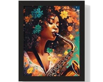 Saxophone Woman Framed Vertical Poster Abstract Art Afrocentric Housewarming Gift for Her