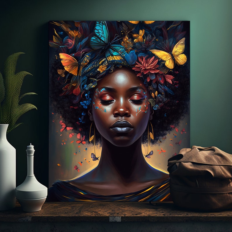 Black Woman With Afro Wall Decor Butterflies Black Art Canvas Abstract Art Digital Art Canvas Gallery Wraps image 2
