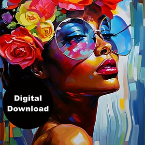 Modern Woman Portrait Art Print - Bold Colors and Floral Accents - Digital Download