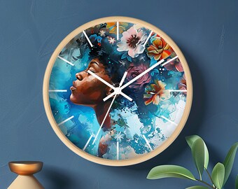 Reloj de pared floral moderno, diseño de flores decorativas, decoración contemporánea del hogar, arte negro