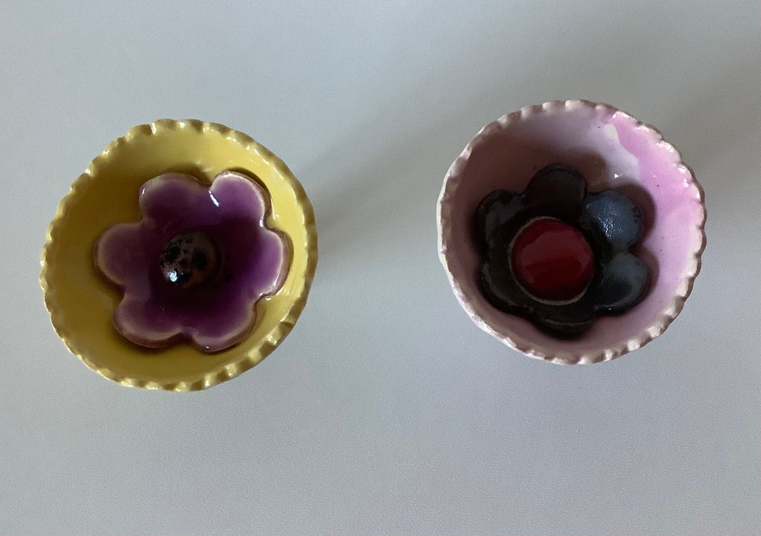 2 Insect Bird Baths, Flowers, Ceramics, Handmade Pottery, Patio Garden