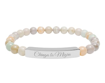 Chinga la Migra script Natural Stone Stretch Bar Bracelet | Engraved Statement