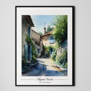 Watercolor Painting of Sunny Countryside Village, European French Small Town Aquarelle Landscape, Beautiful Spring Digital Download Wall Art
