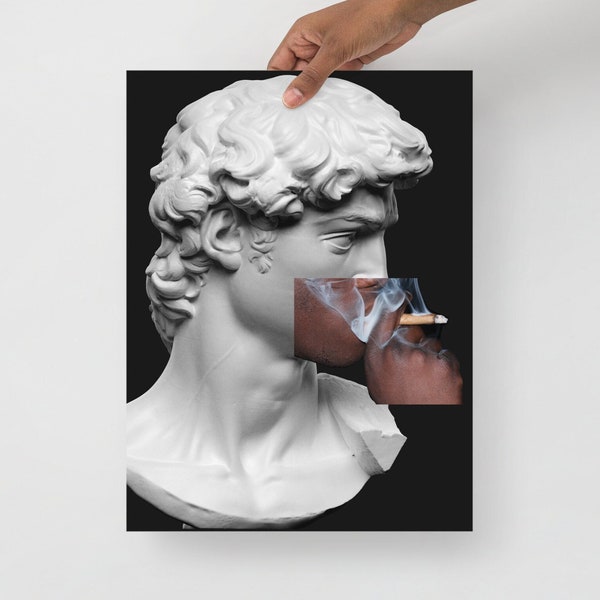 Affiche d'Art Pop - David de Michel-Ange avec une Touche d'Originalité | Œuvre Murale Unique | Collage Artistique Michelangelo x Cigarette