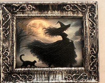 Dollhouse art beautiful painting of witch Halloween miniature picture framed mini haunted photo 1:12 scale oil painting unique wall hanging