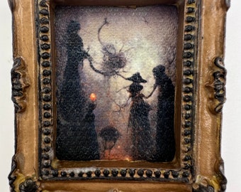 Miniature creepy witch dollhouse picture framed mini haunted spooky wall art 1:12 scale antique look haunted Halloween witches spell