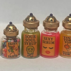 Miniature Haunted Potion Bottles - 1:12 Scale Witchy Dollhouse Decor - Set of 7