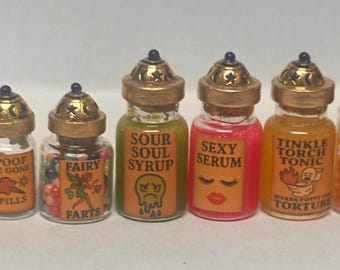 Miniature Haunted Potion Bottles - 1:12 Scale Witchy Dollhouse Decor - Set of 7