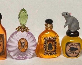 Miniature Haunted Potion Bottles, Set of 6 Spooky 1:12 Scale Jars, Witchy Dollhouse decor, fantasy item, creepy Halloween minis, elegant jar