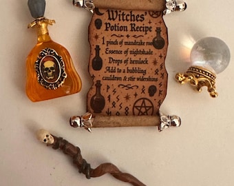 Miniature Witches Bundle, Potion Bottle, Gothic Scroll, Dollhouse Magic, 1:12 Scale
