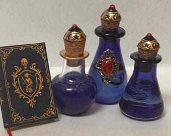 Tiny witches potion set, miniature gothic decor, fantasy items, elegant bottles,  fairy garden, mini spell book, creepy diorama, unique item