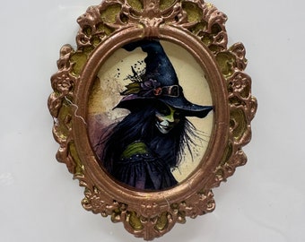 Miniature creepy witch dollhouse picture framed mini oval haunted spooky wall art 1:12 scale antique look haunted Halloween witches spell