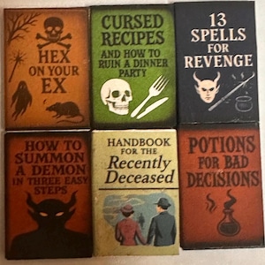 1:12 scale witch book set, creepy enchanted library, spell book miniature, witches accessories, gothic dollhouse items, spooky encyclopedia