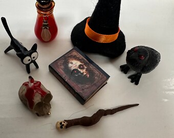 Haunted dollhouse miniature witch accessorie set 1:12 scale apothecary mini witches spell kit miniature witch magic wand witches spell book