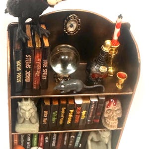 1:12 scale haunted bookcase, miniature witch book shelf, gothic dollhouse spooky horror library decor, diorama prop, witches den, creepy min