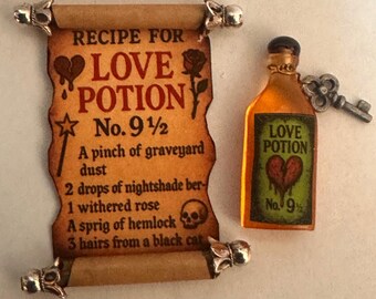 Miniature witches love spell kit, Haunted mini Potion Bottles, Spell Scroll Set, Witchy 2pc set, Spooky Diorama, 1:12 Witches den, fairy jar