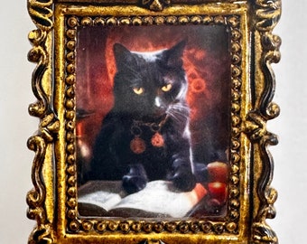 Miniature creepy black cat  dollhouse picture framed mini haunted spooky wall art 1:12 scale antique look haunted Halloween witches spell