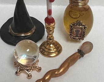 Wizard miniature witch set gothic dollhouse bundle 1:12 scale potion bottle  mini witches spell kit miniature witch magic wand witches spell