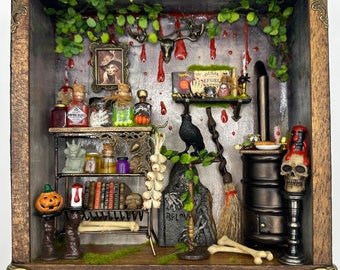 Miniature haunted room box spooky  dollhouse display 1:12 scale 3D wall hanging miniature witches den dollhouse wall art Halloween decoratio