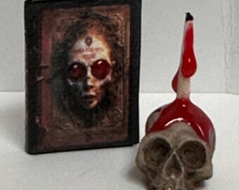 1:12 Scale Miniature Witch Spell Book & Skull Candle Set