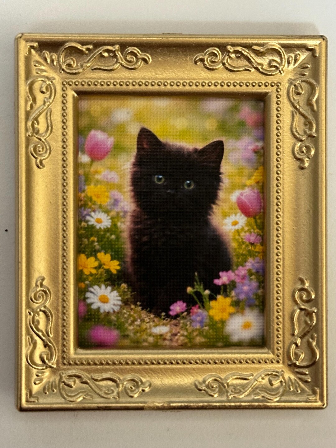 Mini Cat Picture Frame 1:12 Scale Framed Picture, Cute Black Kitten Pic, Dollhouse Decor, Tiny ...