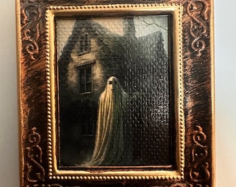 Miniature art creepy ghost mini painting Halloween scene picture framed small haunted spooky photo 1:12 scale haunted dollhouse furniture