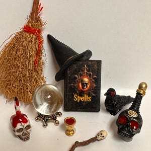 Gothic miniature witch set dollhouse items 1:12 scale potion bottles mini hex kit magic wand tiny crystal ball spirit spell book Halloween