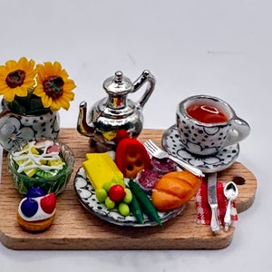 Dollhouse snack tray miniature food doll breakfast tray mini tea set diorama dolls tv tray miniature lunch one inch scale food items