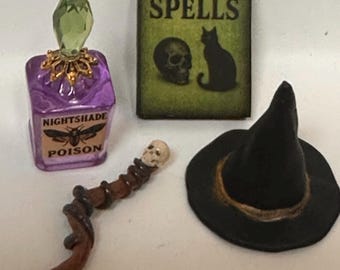 Miniature Witch Bundle, Gothic Dollhouse Decor, Resin Potion Bottles, Spell Book, 1:12 Scale